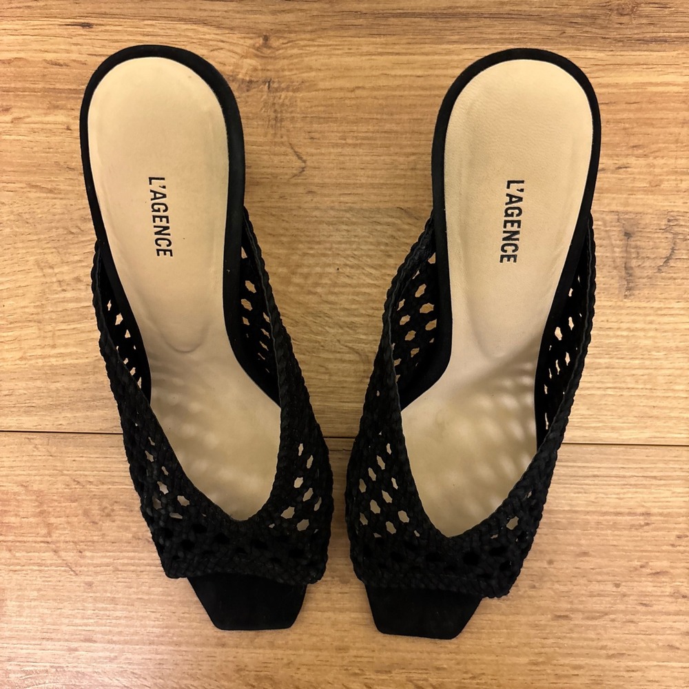 L'AGENCE‎ Jacques Sandal Heels Black Women Size 10 Woven Knit Mule Casual Formal - Picture 5 of 13